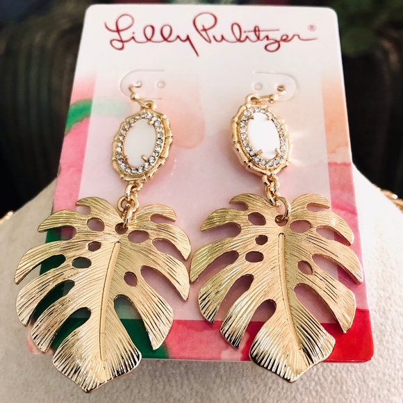 LILLY PULITZER EARRINGS NWT EXQUISITE MONSTERA LEAF  ⭐️ JUNGLE VIBE GOLD - Picture 9 of 10